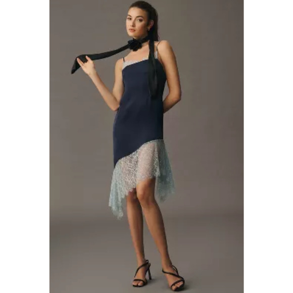 Anthropologie Slip Dress Womens 6 Navy Lace Trimmed Satin Back Zip Shelf Bra - Picture 14 of 16